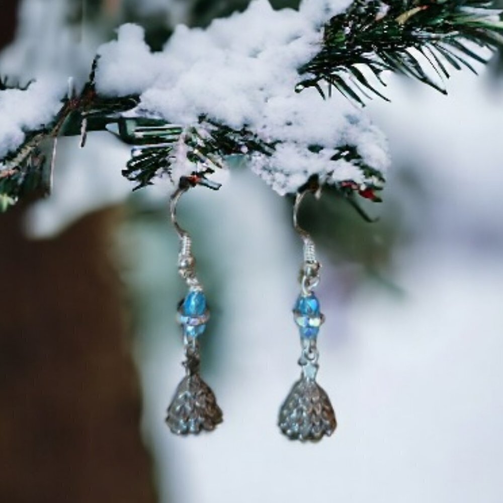 Christmas Tree‎ Brass with Silver Plated and Blue Beads Earrings